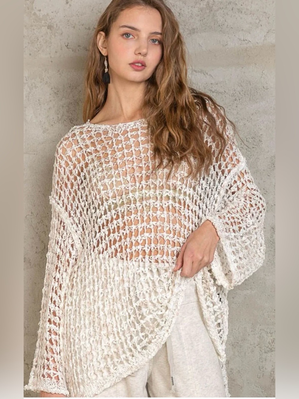 POL White Oversized Crochet Sweater Small | Boho Open Knit Beach Cover Up